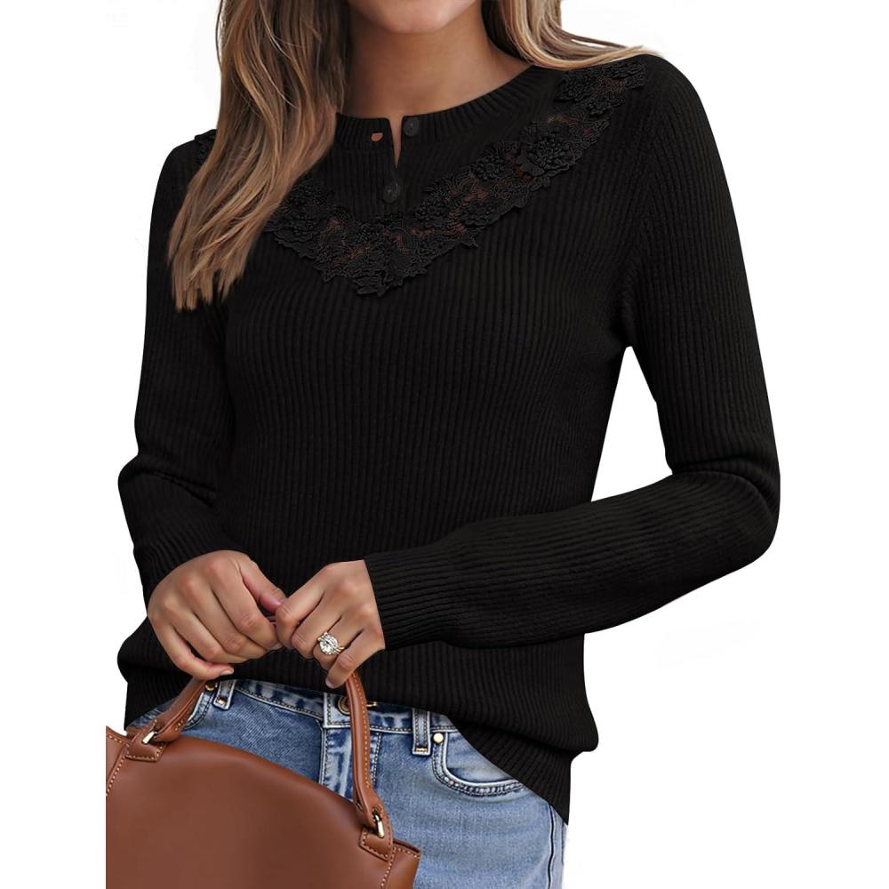 imageMEROKEETY Womens Sweaters Fall 2025 Button Down Lace Casual Business Long Sleeve Crewneck Trendy Winter Pullover Sweater TopBlack