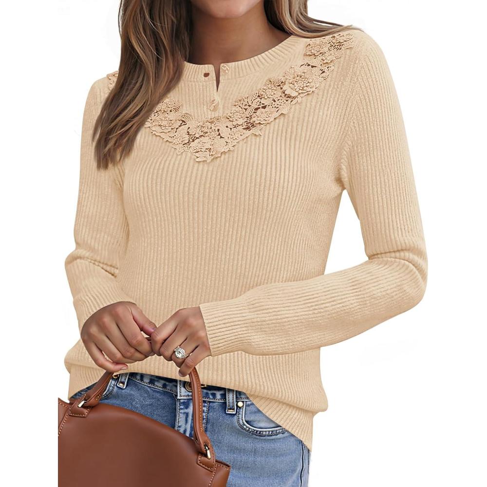 imageMEROKEETY Womens Sweaters Fall 2025 Button Down Lace Casual Business Long Sleeve Crewneck Trendy Winter Pullover Sweater TopLightkhaki