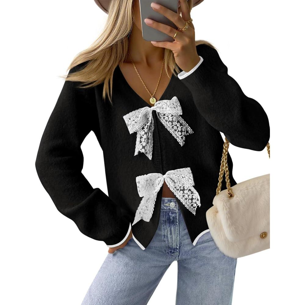 imageMEROKEETY Womens Tie Front Bow Cardigan Sweaters 2025 Long Sleeve Chunky Knit Cute Trendy Fall Winter CoatsBlack