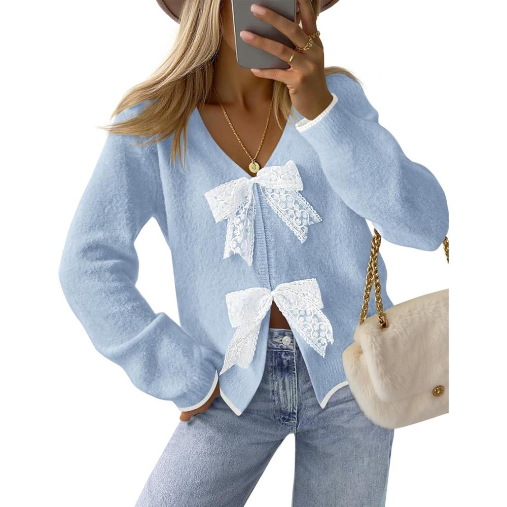 imageMEROKEETY Womens Tie Front Bow Cardigan Sweaters 2025 Long Sleeve Chunky Knit Cute Trendy Fall Winter CoatsBlue