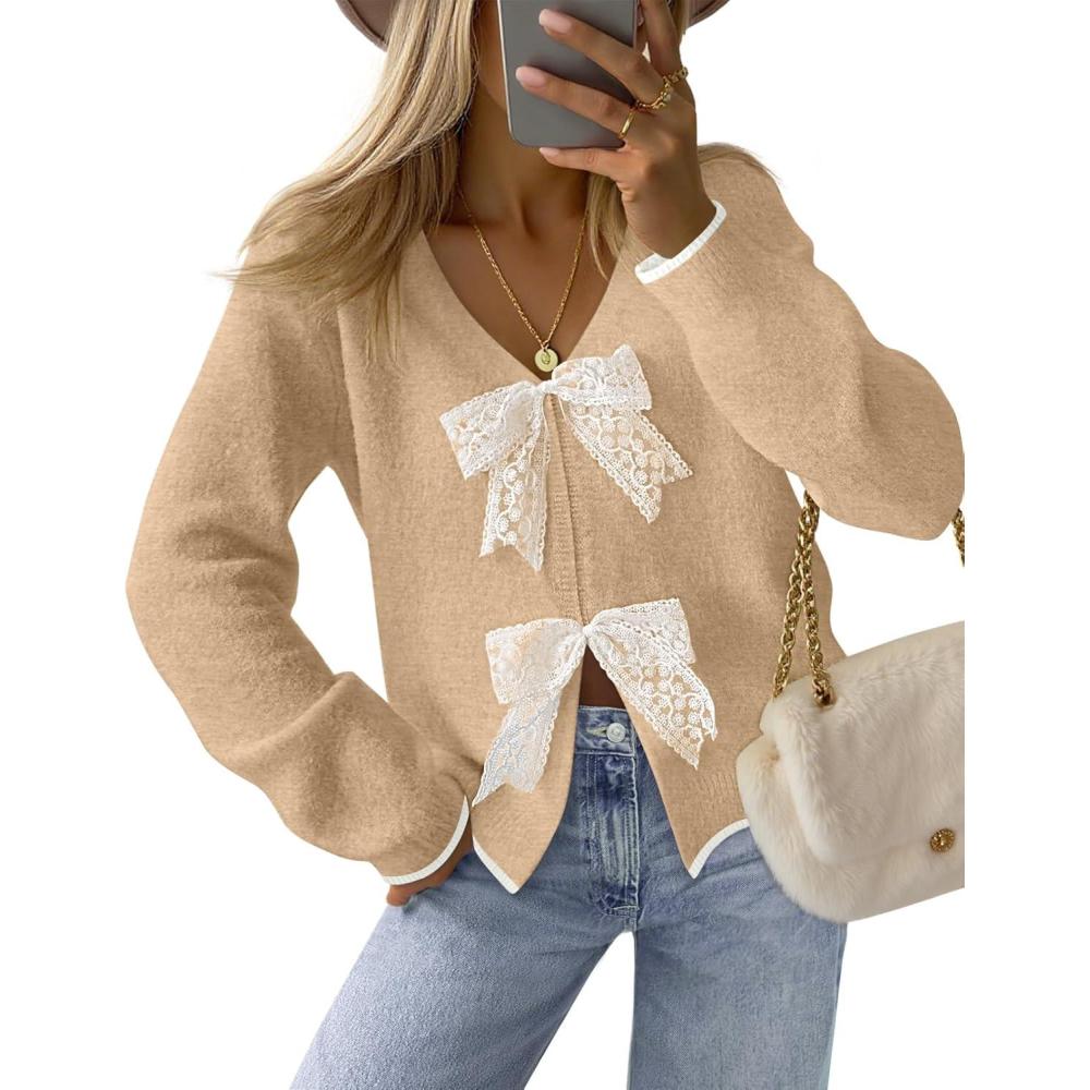 imageMEROKEETY Womens Tie Front Bow Cardigan Sweaters 2025 Long Sleeve Chunky Knit Cute Trendy Fall Winter CoatsCamel