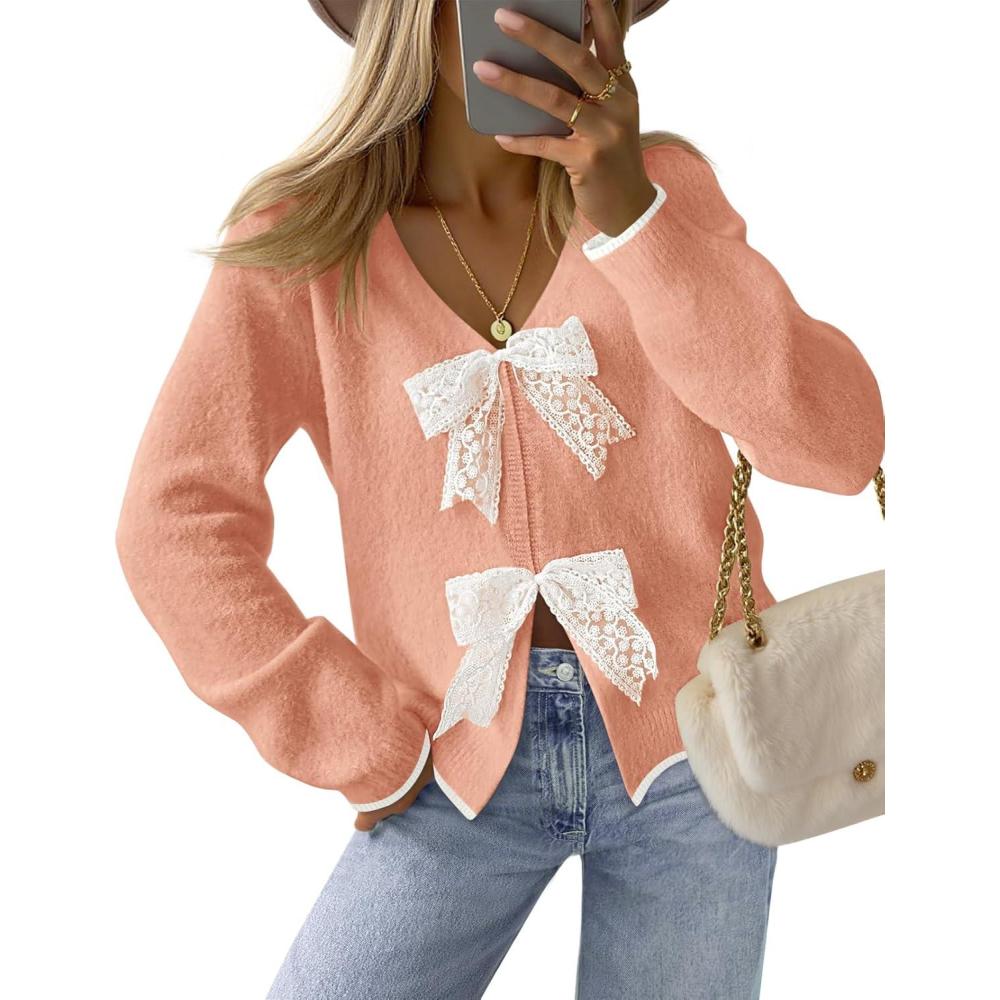 imageMEROKEETY Womens Tie Front Bow Cardigan Sweaters 2025 Long Sleeve Chunky Knit Cute Trendy Fall Winter CoatsLightsalmon