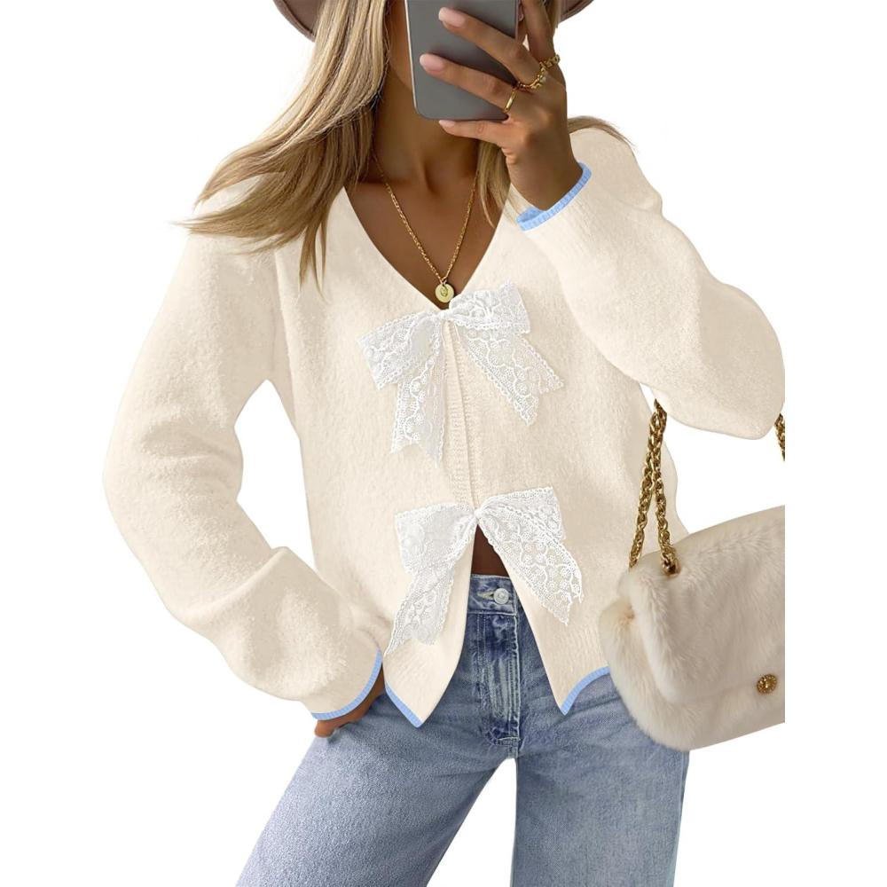 imageMEROKEETY Womens Tie Front Bow Cardigan Sweaters 2025 Long Sleeve Chunky Knit Cute Trendy Fall Winter CoatsWhite