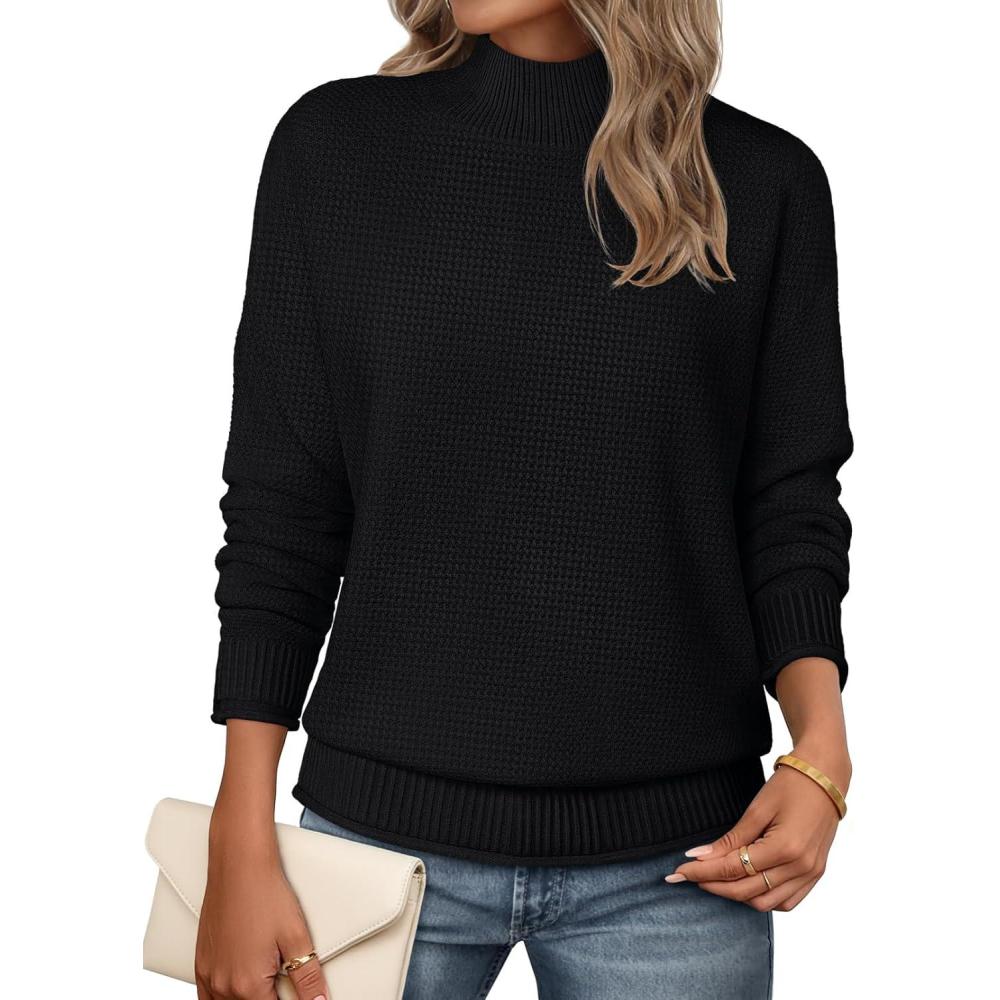imageMEROKEETY Womens Turtleneck Long Sleeve Sweater 2025 Fall Cozy Knit Loose Casual Trendy Pullover Tops Winter ClothesBlack