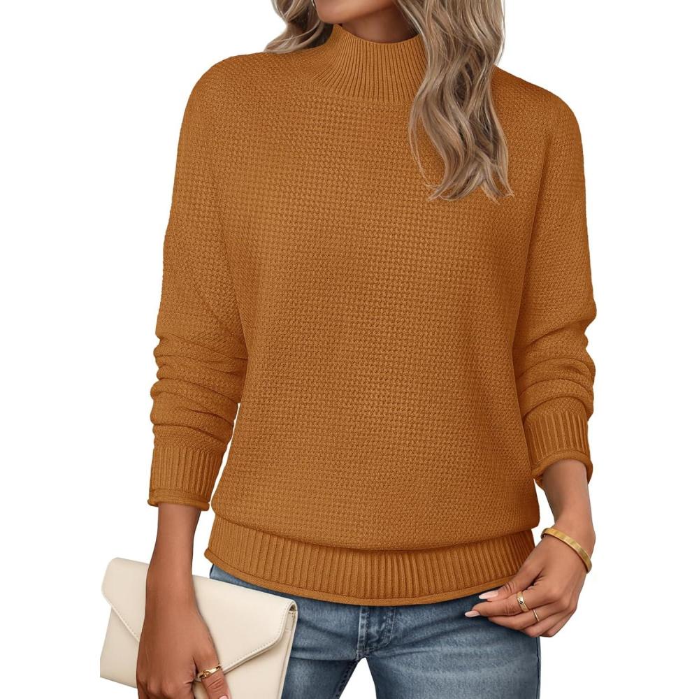 imageMEROKEETY Womens Turtleneck Long Sleeve Sweater 2025 Fall Cozy Knit Loose Casual Trendy Pullover Tops Winter ClothesBrown