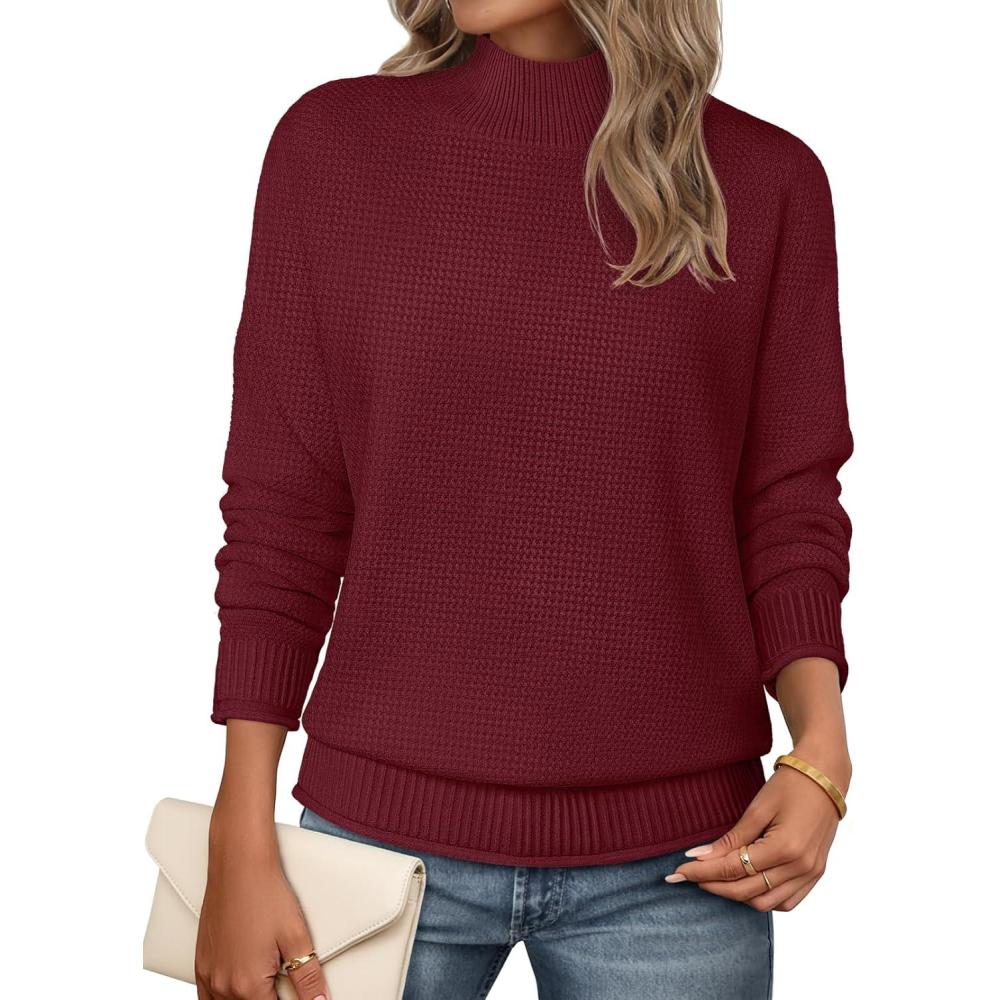 imageMEROKEETY Womens Turtleneck Long Sleeve Sweater 2025 Fall Cozy Knit Loose Casual Trendy Pullover Tops Winter ClothesWine