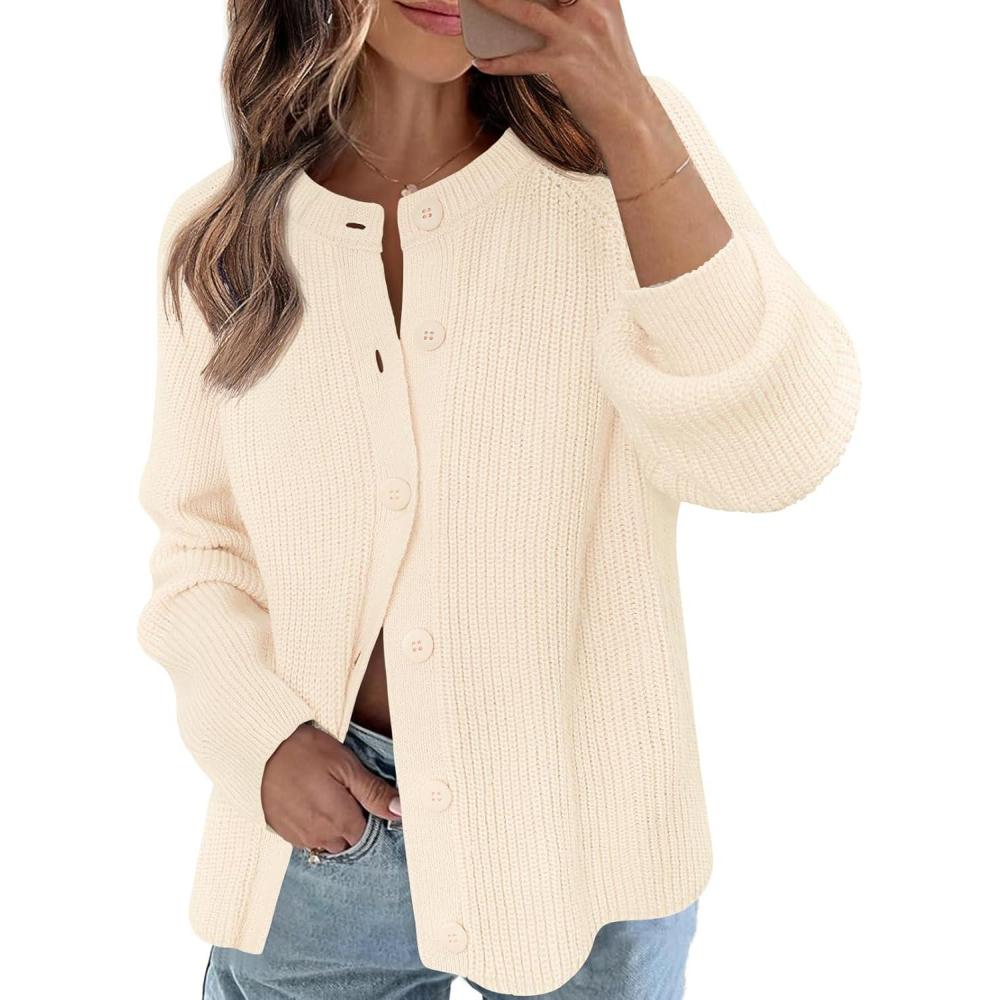 imageMEROKEETY Womens Winter Fall Long Sleeve Cardigan Sweater 2026 Crew Neck Button Open Front Chunky Knit OutfitsBeige
