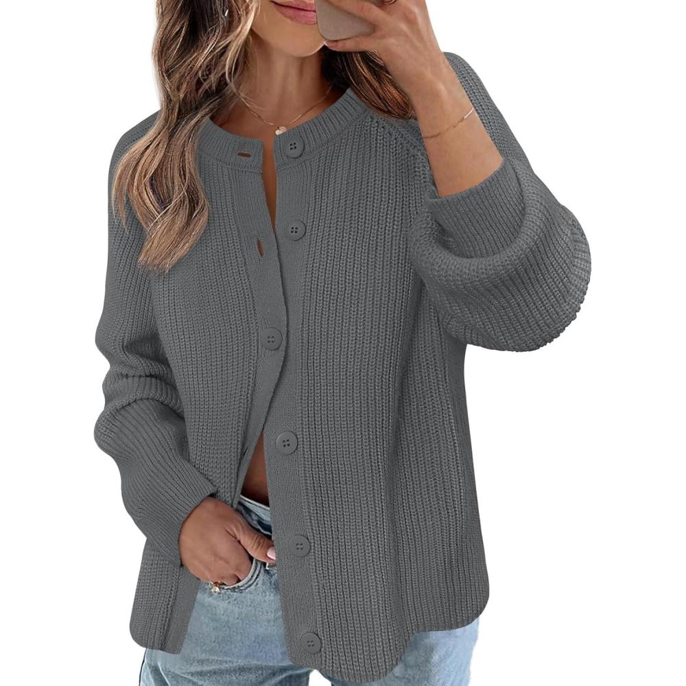 imageMEROKEETY Womens Winter Fall Long Sleeve Cardigan Sweater 2026 Crew Neck Button Open Front Chunky Knit OutfitsDark Grey