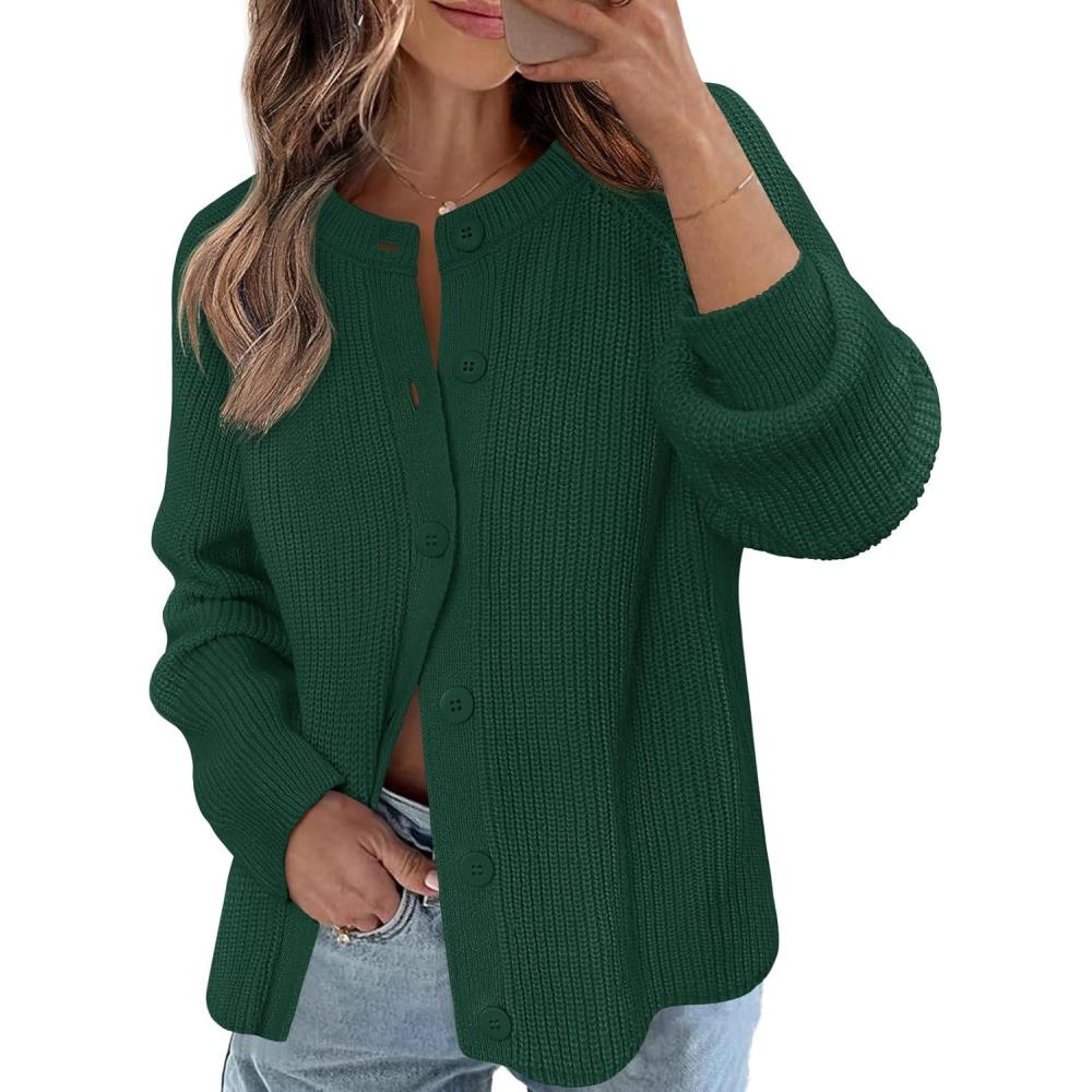 imageMEROKEETY Womens Winter Fall Long Sleeve Cardigan Sweater 2026 Crew Neck Button Open Front Chunky Knit OutfitsGreen