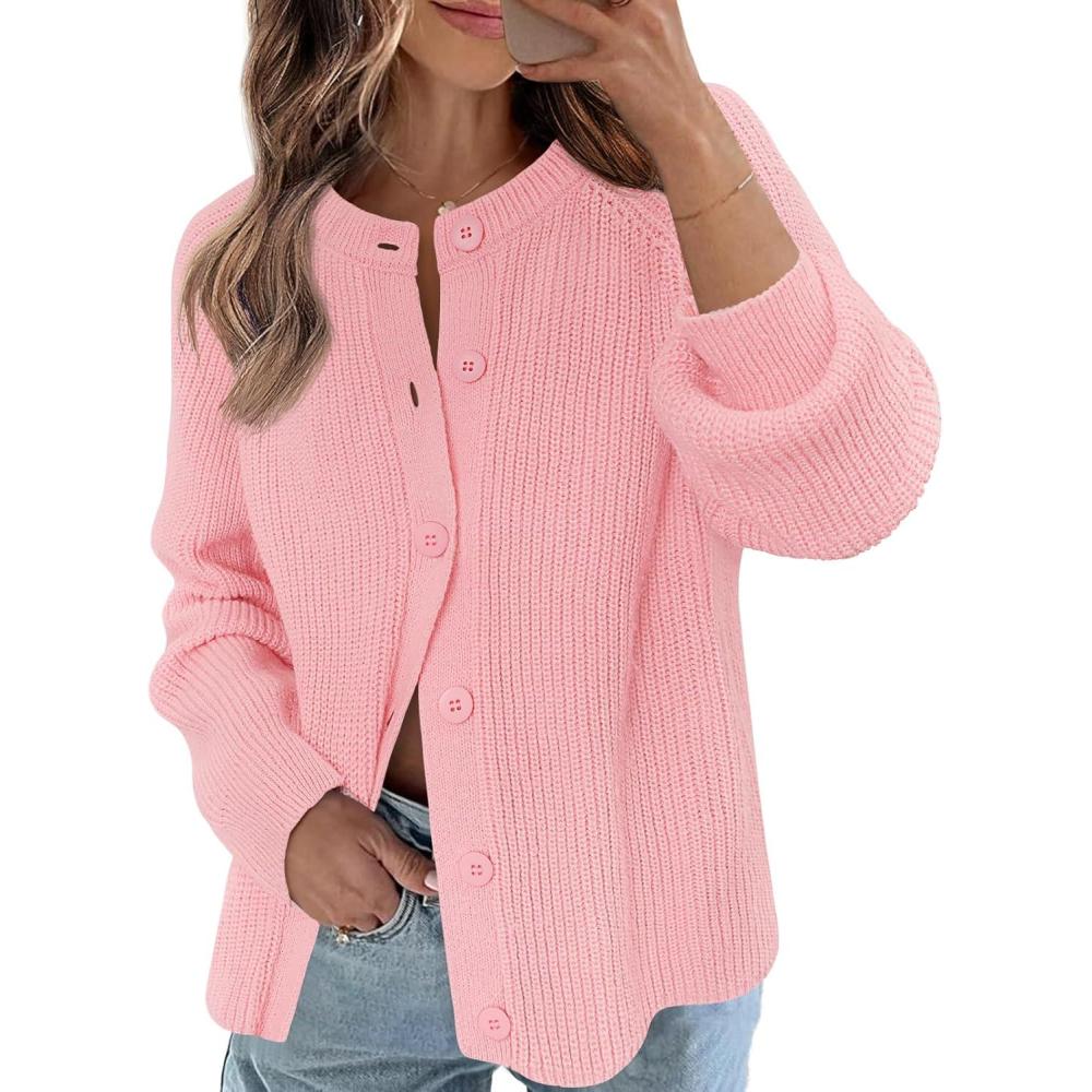 imageMEROKEETY Womens Winter Fall Long Sleeve Cardigan Sweater 2026 Crew Neck Button Open Front Chunky Knit OutfitsLight Pink