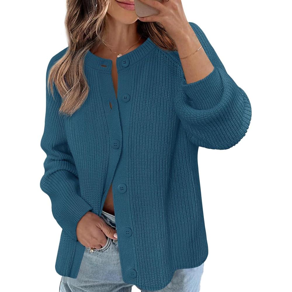 imageMEROKEETY Womens Winter Fall Long Sleeve Cardigan Sweater 2026 Crew Neck Button Open Front Chunky Knit OutfitsTeal