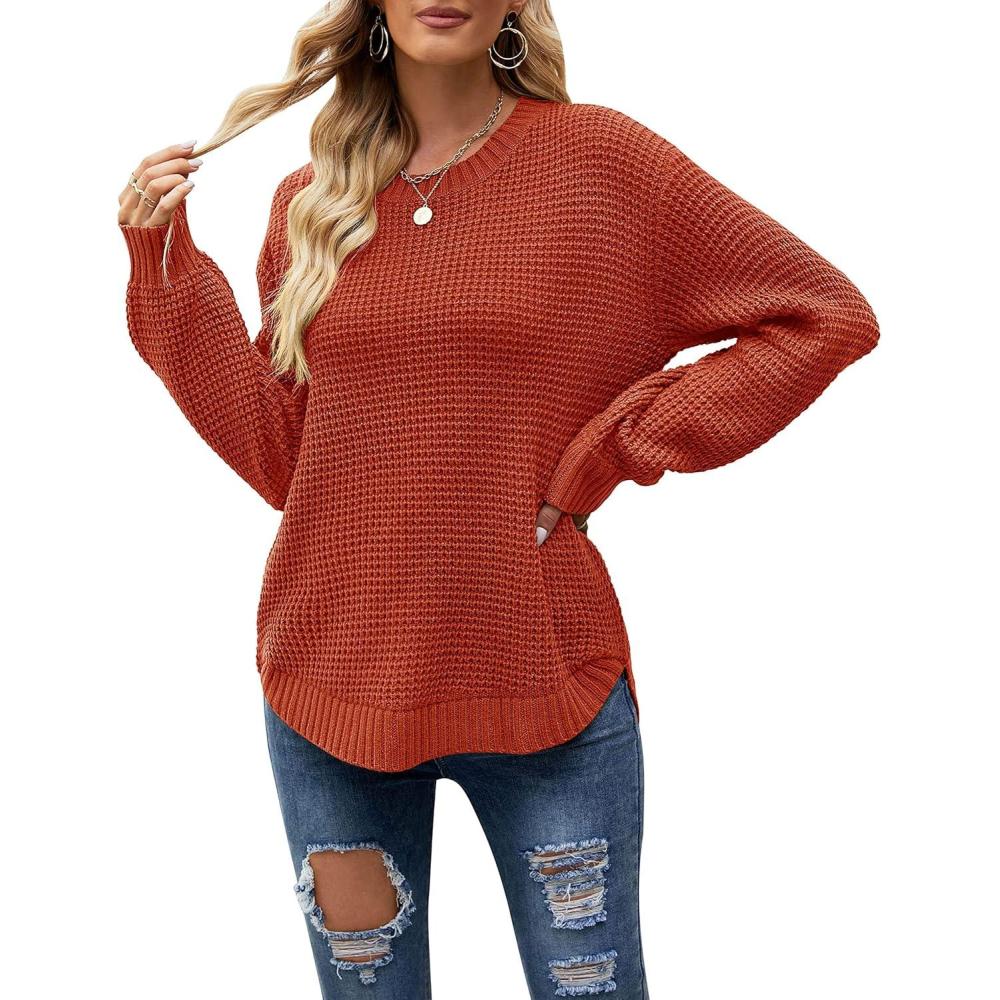 imageMEROKEETY Womens Winter Fall Long Sleeve Tunic Sweaters 2026 Casual Trendy Crew Neck Waffle Knit Pullover Tops JumperBrick Red