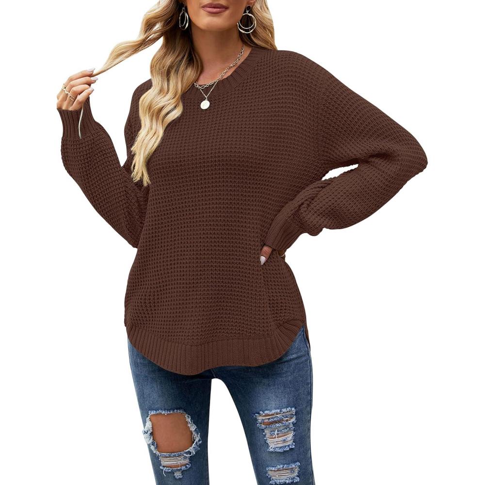 imageMEROKEETY Womens Winter Fall Long Sleeve Tunic Sweaters 2026 Casual Trendy Crew Neck Waffle Knit Pullover Tops JumperBrown