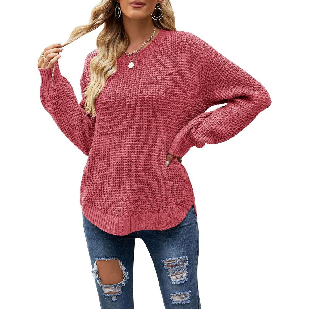 imageMEROKEETY Womens Winter Fall Long Sleeve Tunic Sweaters 2026 Casual Trendy Crew Neck Waffle Knit Pullover Tops JumperDusty Pink