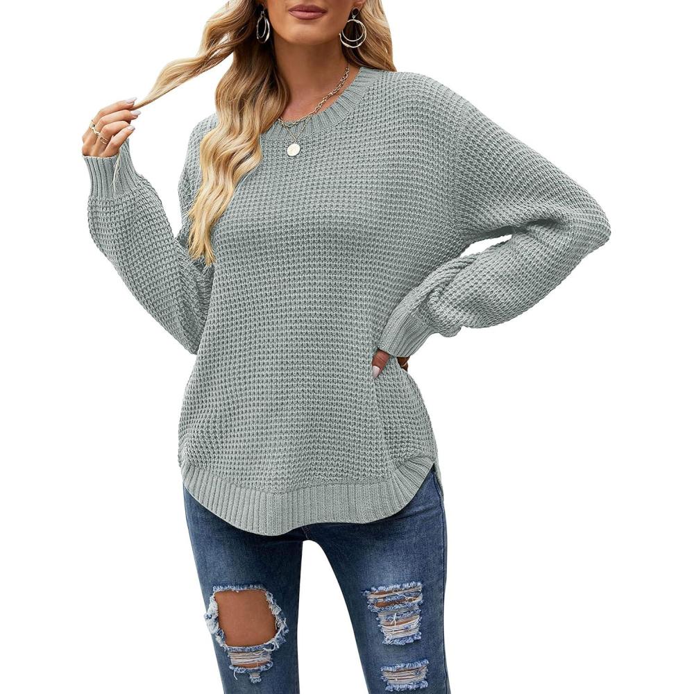 imageMEROKEETY Womens Winter Fall Long Sleeve Tunic Sweaters 2026 Casual Trendy Crew Neck Waffle Knit Pullover Tops JumperGrey
