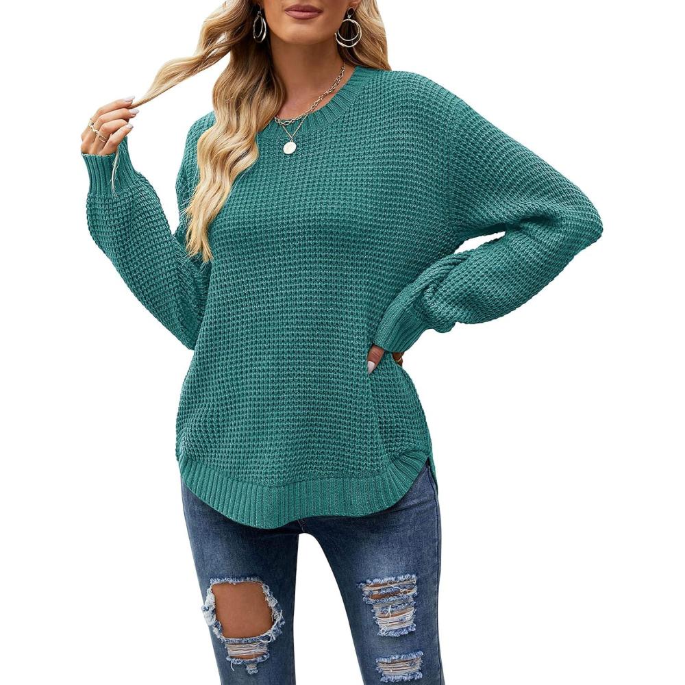 imageMEROKEETY Womens Winter Fall Long Sleeve Tunic Sweaters 2026 Casual Trendy Crew Neck Waffle Knit Pullover Tops JumperTeal
