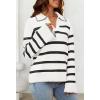 MEROKEETY Women’s 2024 Fall Oversized Striped Sweater Collared V Neck Long Sleeve Trendy Knit Pullover Tops(White)