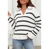 MEROKEETY Women’s 2024 Fall Oversized Striped Sweater Collared V Neck Long Sleeve Trendy Knit Pullover Tops(White)