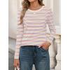 MEROKEETY Women’s 2025 Long Sleeve Top Blouse Fall Casual Trendy Colourful Striped Crewneck Loose Shirts(Beige)