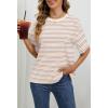 MEROKEETY Women’s 2026 Summer Short Sleeve Tops Casual Colourful Striped Crewneck Loose Work T Shirts Blouses(Beige)
