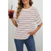 MEROKEETY Women’s 2026 Summer Short Sleeve Tops Casual Colourful Striped Crewneck Loose Work T Shirts Blouses(Beige Blue)