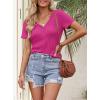 MEROKEETY Women’s 2026 Summer Short Sleeve Tops Casual V Neck T Shirts Ribbed Knit Henley Button Basic Blouse(Hot Pink)
