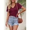 MEROKEETY Women’s 2026 Summer Short Sleeve Tops Casual V Neck T Shirts Ribbed Knit Henley Button Basic Blouse(Wine)