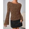 MEROKEETY Women’s Bell Long Sleeve Shirts 2025 Fall Floral Going Out Tops Slim Fit Y2k Clothes Outifts(Brown)