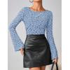 MEROKEETY Women’s Bell Long Sleeve Shirts 2025 Fall Floral Going Out Tops Slim Fit Y2k Clothes Outifts(Dustyblue)