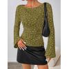 MEROKEETY Women’s Bell Long Sleeve Shirts 2025 Fall Floral Going Out Tops Slim Fit Y2k Clothes Outifts(Olive)
