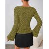 MEROKEETY Women’s Bell Long Sleeve Shirts 2025 Fall Floral Going Out Tops Slim Fit Y2k Clothes Outifts(Olive)