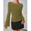 MEROKEETY Women’s Bell Long Sleeve Shirts 2025 Fall Floral Going Out Tops Slim Fit Y2k Clothes Outifts(Olive)