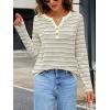 MEROKEETY Women’s Fall Long Sleeve Striped Henley Tops V Neck Dressy Casual Loose Shirt 2025 Trendy Blouse(Grey)
