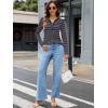 MEROKEETY Women’s Fall Long Sleeve Striped Henley Tops V Neck Dressy Casual Loose Shirt 2025 Trendy Blouse(Navy)