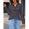 MEROKEETY Women’s Fall Long Sleeve Striped Henley Tops V Neck Dressy Casual Loose Shirt 2025 Trendy Blouse(Navy)