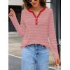 MEROKEETY Women’s Fall Long Sleeve Striped Henley Tops V Neck Dressy Casual Loose Shirt 2025 Trendy Blouse(Pink)