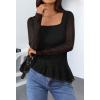 MEROKEETY Women’s Long Sleeve Square Neck Tops Ruched Fall Trendy Tee Shirts Asymmetrical Going Out Top(Black)