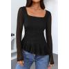 MEROKEETY Women’s Long Sleeve Square Neck Tops Ruched Fall Trendy Tee Shirts Asymmetrical Going Out Top(Black)