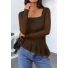 MEROKEETY Women’s Long Sleeve Square Neck Tops Ruched Fall Trendy Tee Shirts Asymmetrical Going Out Top(Brown)