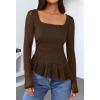 MEROKEETY Women’s Long Sleeve Square Neck Tops Ruched Fall Trendy Tee Shirts Asymmetrical Going Out Top(Brown)