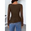 MEROKEETY Women’s Long Sleeve Square Neck Tops Ruched Fall Trendy Tee Shirts Asymmetrical Going Out Top(Brown)