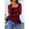 MEROKEETY Women’s Long Sleeve Square Neck Tops Ruched Fall Trendy Tee Shirts Asymmetrical Going Out Top(Wine)
