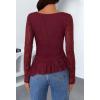 MEROKEETY Women’s Long Sleeve Square Neck Tops Ruched Fall Trendy Tee Shirts Asymmetrical Going Out Top(Wine)