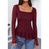 MEROKEETY Women’s Long Sleeve Square Neck Tops Ruched Fall Trendy Tee Shirts Asymmetrical Going Out Top(Wine)