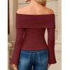 MEROKEETY Women’s Off Shoulder Sweater 2025 Fall Cute Bell Long Sleeve Ribbed Knit Winter Pullover Knit Outfits(Wine)
