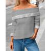 MEROKEETY Women’s Off Shoulder Sweater 2025 Fall Winter Fashion Oversized Ribbed Knit Striped Pullover Tops(Grey)
