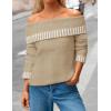 MEROKEETY Women’s Off Shoulder Sweater 2025 Fall Winter Fashion Oversized Ribbed Knit Striped Pullover Tops(Khaki)