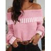 MEROKEETY Women’s Off Shoulder Sweater 2025 Fall Winter Fashion Oversized Ribbed Knit Striped Pullover Tops(Pink)