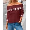MEROKEETY Women’s Off Shoulder Sweater 2025 Fall Winter Fashion Oversized Ribbed Knit Striped Pullover Tops(Wine)