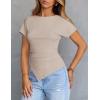 MEROKEETY Women’s Summer Asymmetrical Tops 2026 Short Sleeve Boat Neck Ruched Slim Going Out T-Shirts Trendy Y2K Clothes(Apricot)